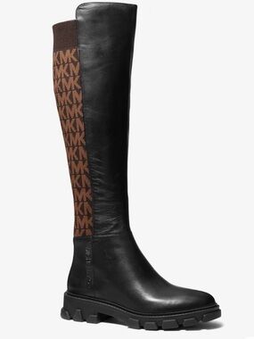 Michael Kors Ridley Leather and Logo Jacquard Knee Boot Black and Brown 9
